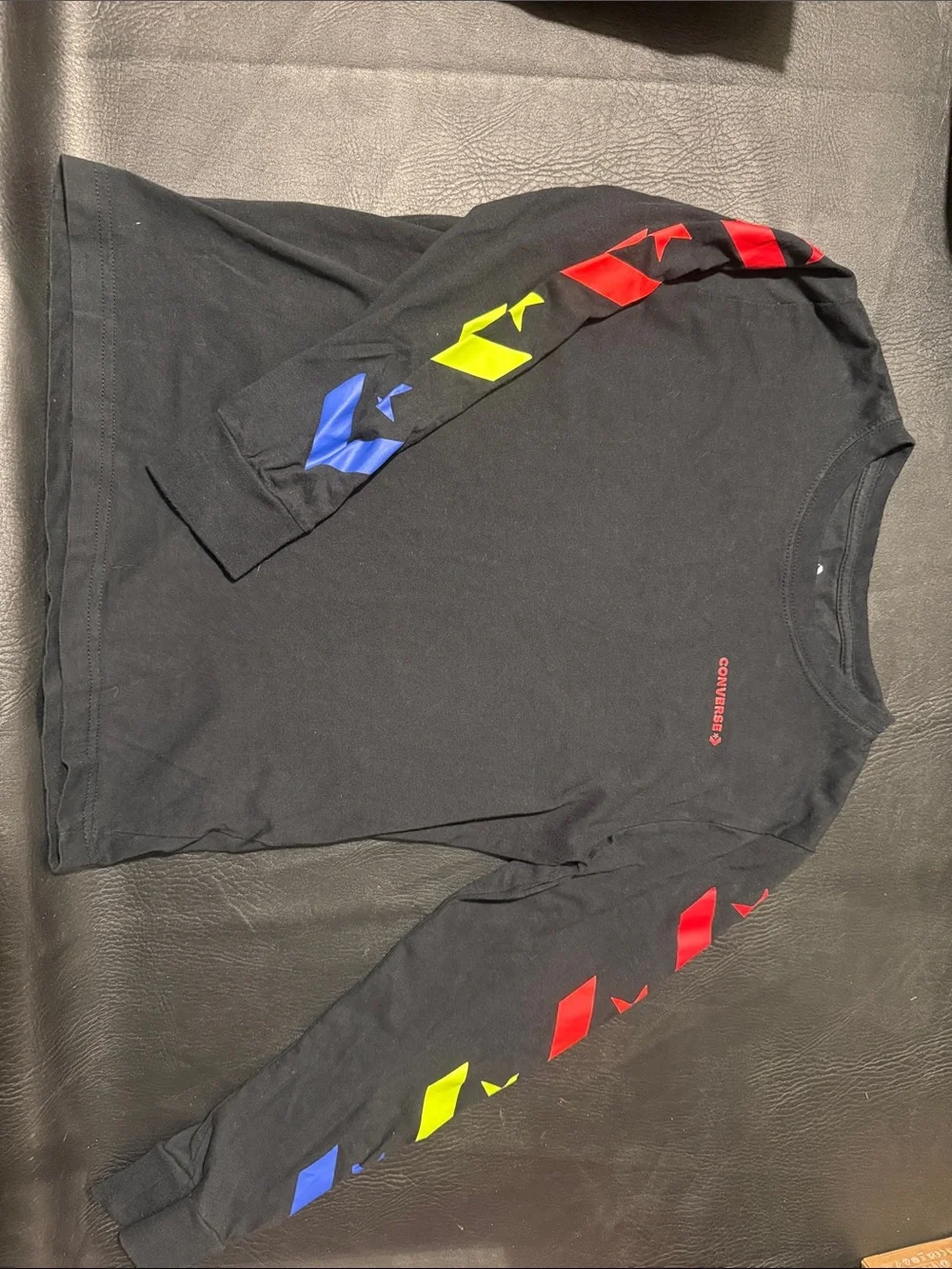 NWOT boy Converse Black Long-Sleeve Tee with Red, Yellow & Blue Chevron Accents